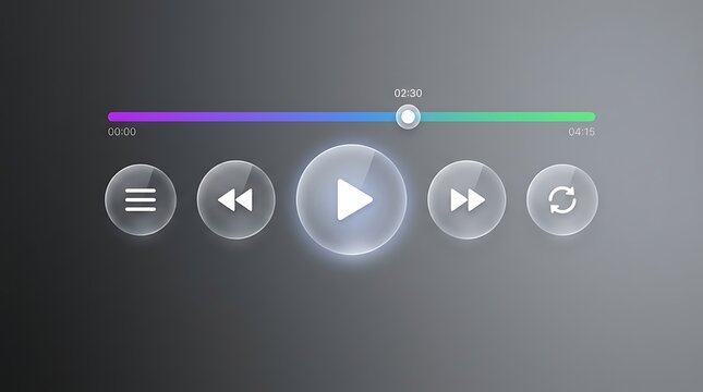 Media Player UI Interface with Glassmorphism Buttons and Gradient Progress Bar for Web and Mobile Streaming App Dashboard