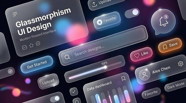 Modern Glassmorphism UI Design Kit with Frosted Glass Elements for Web and Mobile App Dashboard Interface Development