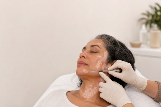 Woman with vitiligo receiving dermaplaning facial treatment