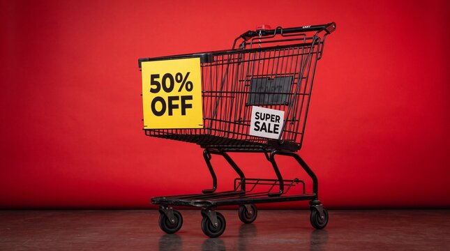A shopping cart with a 50% OFF and SUPER SALE sign against a vibrant red background.