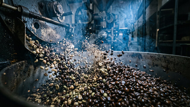 Fresh Coffee Beans Roasting in a Commercial Industrial Drum Roaster