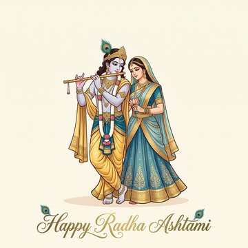 Illustration of a divine couple standing together with a flute and lotus flower for the radha ashtami celebration