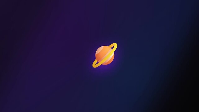 Stylized planet with yellow ring rotates slowly in dark purple cosmic background with subtle light effects and glow, animation loop