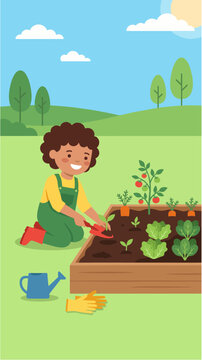 Happy child planting vegetable seedlings in a small garden, watering can, gardening gloves, carrots, tomatoes and leafy greens, World Vegan Day