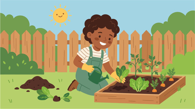 Happy child planting vegetable seedlings in a small garden, watering can, gardening gloves, carrots, tomatoes and leafy greens, World Vegan Day