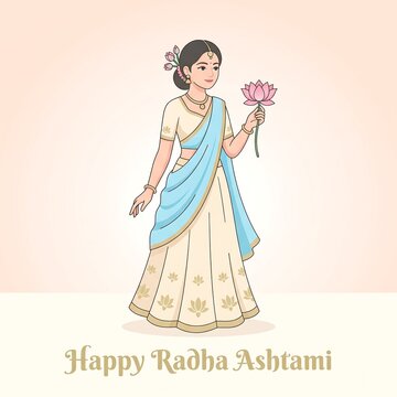 A young woman wearing traditional clothing holding a pink lotus flower on a light background with lotus decorations her