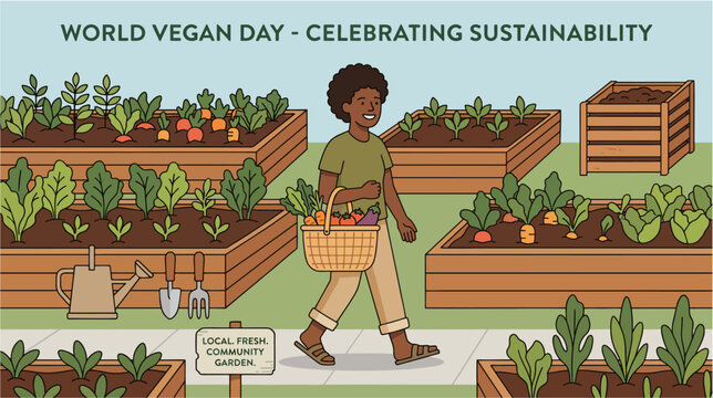 Black person carrying a reusable basket filled with fresh produce while walking through a community vegetable garden minimalist 2d flat vector illustration, local food, sustainability, World Vegan day