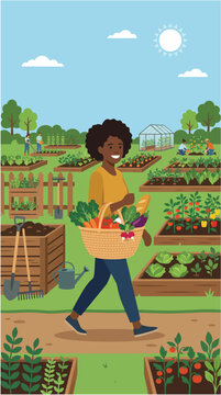 Black person carrying a reusable basket filled with fresh produce while walking through a community vegetable garden minimalist 2d flat vector illustration, local food, sustainability, World Vegan day