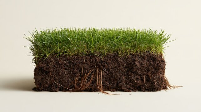 A square cross-section of fresh green grass with soil and roots isolated on white background.
