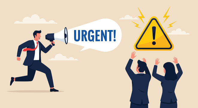 Manager shouting urgent message into megaphone while employees react with concern to sudden emergency situation and high priority alert warning sign icon.