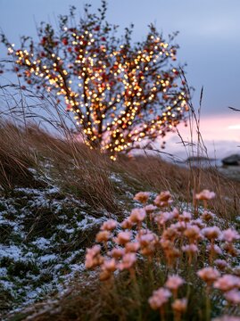 Christmas apple tree with lights in meadow at sunset