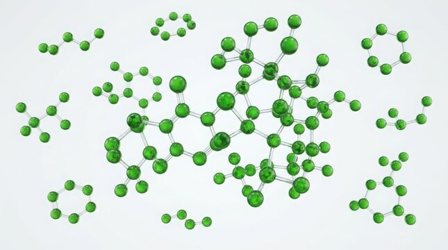 Abstract green molecular structure model with connected atoms and chemical bonds isolated on a simple white background