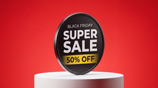 Black Friday Super Sale 50% Off badge on a white pedestal against a red background. The badge is circular with BLACK FRIDAY, SUPER SALE, and 50% OFF text.
