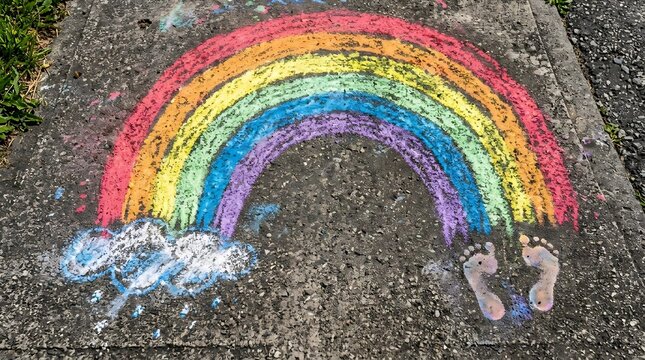 Vibrant chalk rainbow drawing with child's footprint on textured pavement