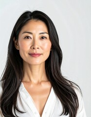 Fototapeta premium Sophisticated Asian Woman with Soft Smile and Glossy Hair, Editorial Style