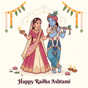 Illustration of a divine couple with a traditional lamp and flute celebrating a religious festival with lit clay lamp