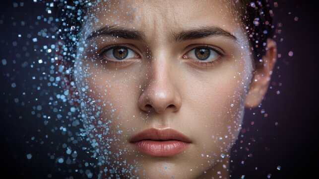 Close up portrait of a young woman face dissolving into digital particles and light pixels