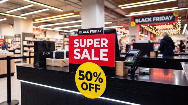 Black Friday super sale with 50% off sign displayed prominently at a store counter. Customers are seen in the background, with shopping bags and merchandise on display.
