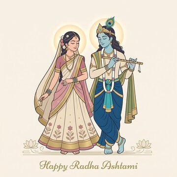 Illustration of a divine couple standing together as a man plays a bamboo flute with stands together traditional