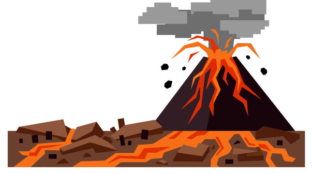 Erupting volcano with lava flow and ash cloud in vector illustration