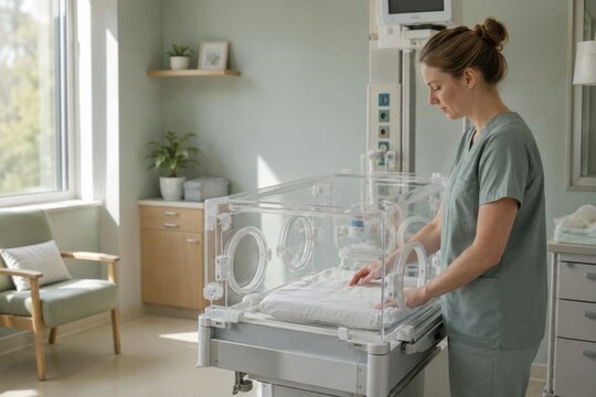 Nurse preparing infant incubator in modern neonatal hospital room