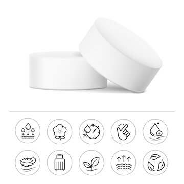 Compressed towel mockup with outline icon set for design, branding, presentation of product. 3D hight realistic editable vector illustration isolated on white background. EPS10.