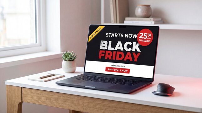Black Friday sale promotion displayed on a laptop screen, showcasing a 25% discount. The laptop is on a desk with a mouse, notebook, and pen, near a window and a plant.