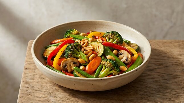 Fresh vegetable stir fry with broccoli bell peppers mushrooms and peanuts in a bowl on a wooden table for a healthy vegan meal. kung pao vegetable mix