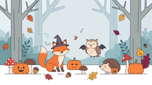 Magical forest populated by friendly woodland animals wearing tiny Halloween costumes among pumpkins, mushrooms, acorns, and colorful leaves, 2d flat vector illustration, Halloween Party