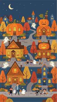 Whimsical Halloween neighborhood where every house has a unique pumpkin-inspired design, friendly ghosts, autumn trees, and smiling families enjoying a festive evening, 2d flat vector illustration
