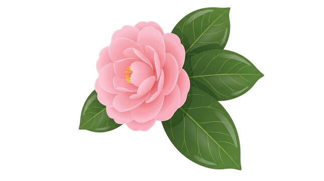 Beautiful pink camellia flower with green leaves isolated on white background.