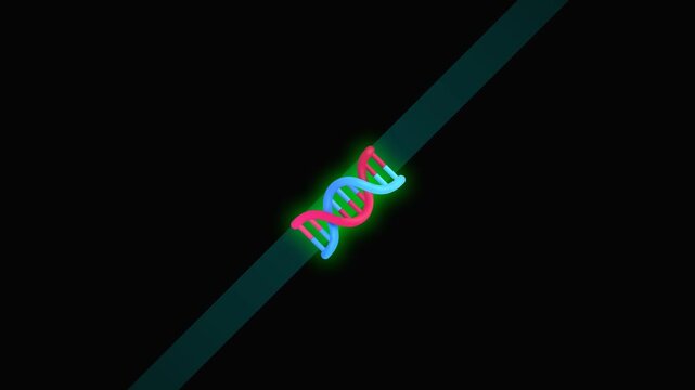 DNA helix spinning in dark space with glowing neon lights and scientific animation elements for biology and genetics research concept background loop motion graphic