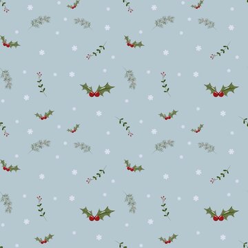 Delicate holiday seamless pattern featuring holly berries, pine sprigs, and gentle white snowflakes scattered gracefully across a dusty blue background