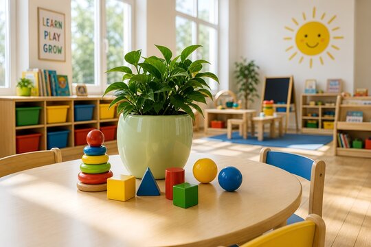 Sunlight Preschool Table with Stacking Ring Toy, Geometric Shapes, and Potted Plant