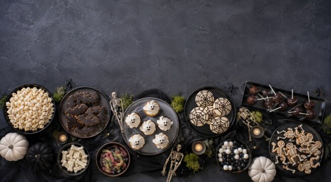 Halloween dessert buffet table with spooky treats and decorations