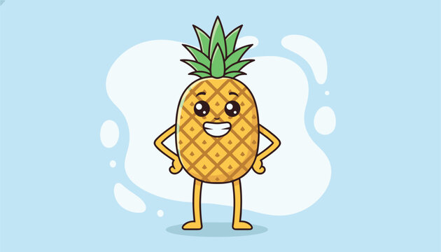Cheerful cartoon pineapple character standing with hands on hips and smiling brightly on a light blue background.