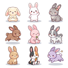 Fototapeta premium Set of Cute Kawaii Rabbit Vector Illustrations, Cartoon Bunny Characters in Various Poses for Easter and Children's Design