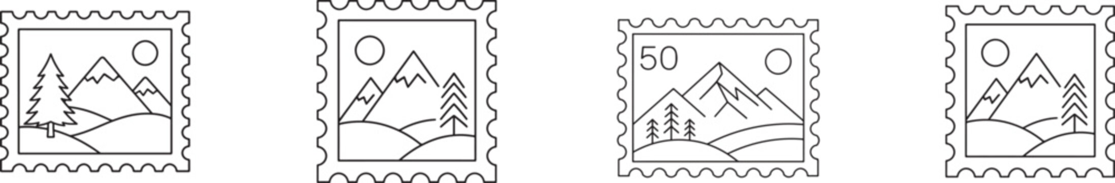 Black and white postage stamp line art vector set for mail, postal service, delivery and letters EPS