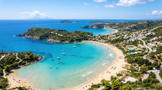 A high-angle aerial view showcases a stunning coastal landscape in Greece. A crescent-shaped sandy beach curves along a turquoise bay, bordered by lush green vegetation and rocky outcrops.