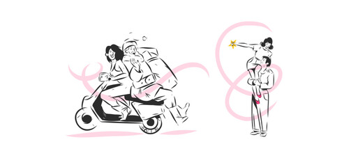 Fototapeta premium Santa Claus Scooter Ride and Romantic Christmas Couple Vector Set, Fun Holiday Adventure, Happy Winter Love and Festive Hand Drawn Characters