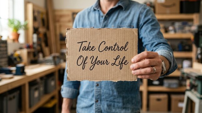 Craftsman holding cardboard sign with inspirational quote take control of your life inside a bright cluttered wooden carpentry workshop space