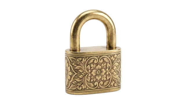 Vintage antique brass padlock with ornate engraved floral pattern, heavy metallic shackle, isolated on transparent background png for security graphics and decorative project design.