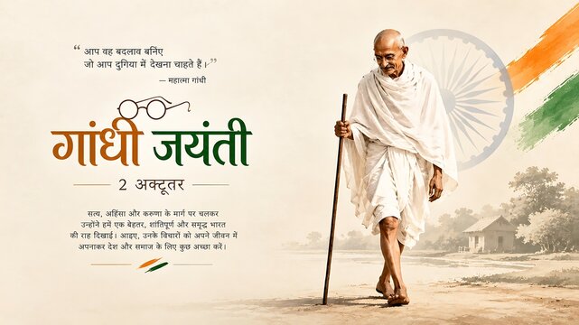 Minimal Gandhi Jayanti poster featuring Mahatma Gandhi with Ashoka Chakra and tricolor