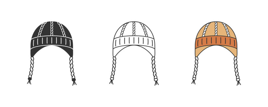 Peruvian chullo hat icon, knitted earflap hat with braided tassels hanging on both sides and ribbed cuff band, traditional Andean national headwear. Line, black flat and colored vector illustration