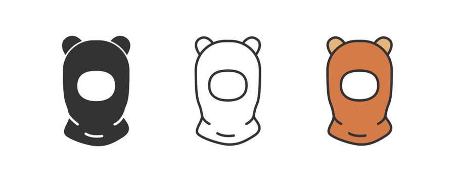 Bear ear balaclava hood for kids, cute full face cover with round bear ears and single face opening. children's winter headwear symbol. Line, black flat and colored vector illustration isolated