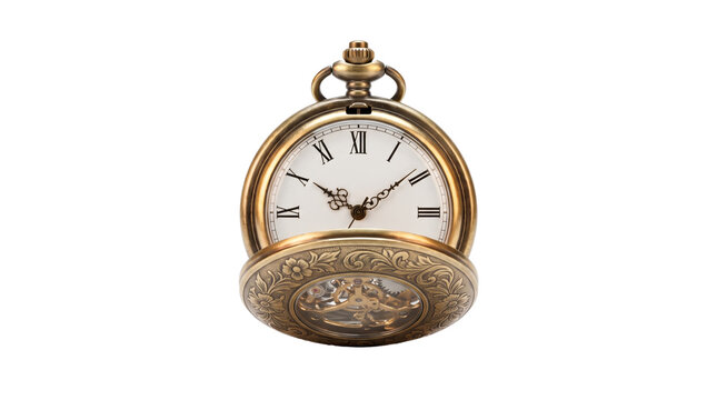 Vintage antique brass pocket watch with open engraved floral cover, white dial, roman numerals, isolated on transparent background png for time measurement graphics.