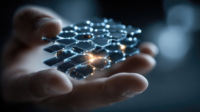 Professional hand holding 3D holographic solar cell representing advanced photovoltaic technology innovation and renewable energy research concept 