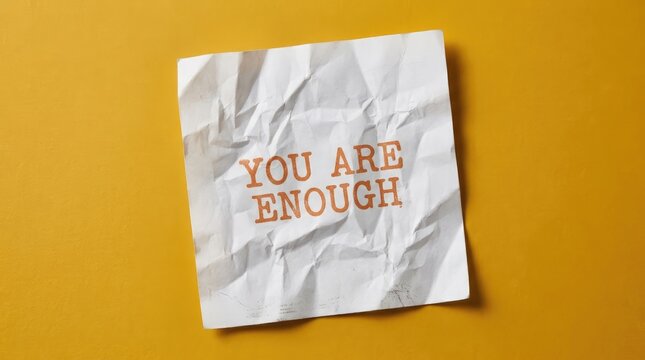 Crumpled white paper note featuring motivational you are enough text placed centered on a vibrant solid mustard yellow background surface