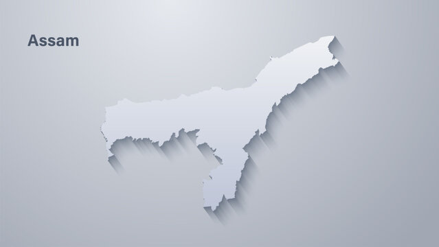 Assam India state map silhouette with location label and map shadow