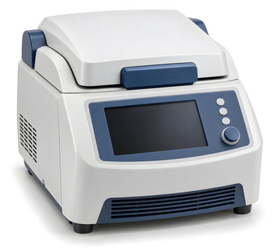 Modern laboratory PCR thermal cycler with heated sample block and control panel for DNA amplification, molecular biology research, biotechnology, and genetic analysis.